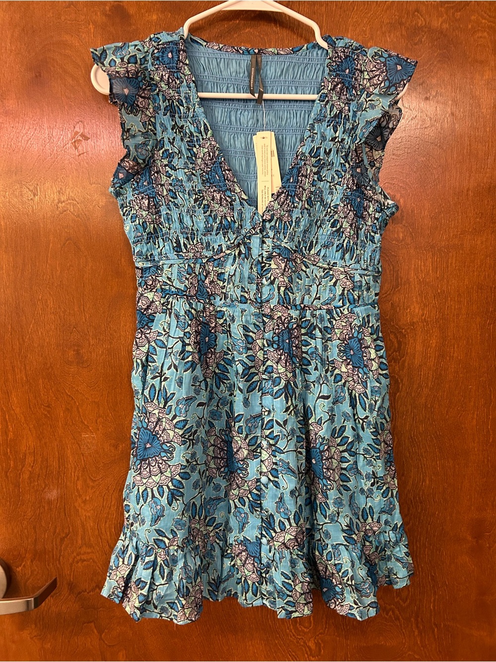 Anthropologie Blue Floral Smocked V-Neck Tunic
